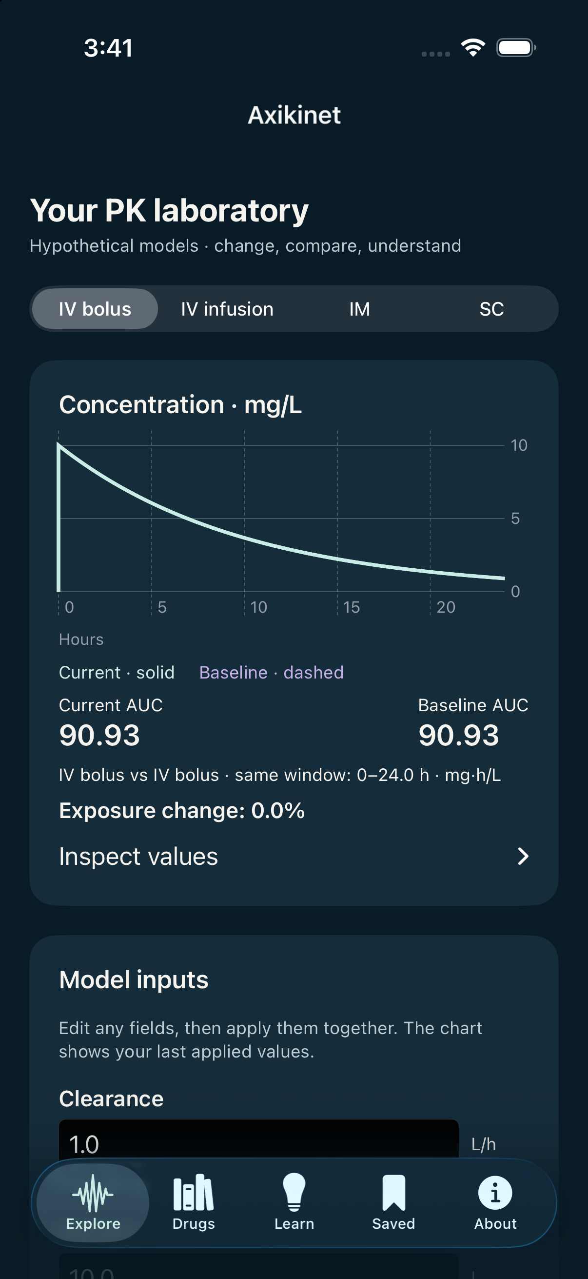 Earlier AxiKinet Explore screen showing concentration over time