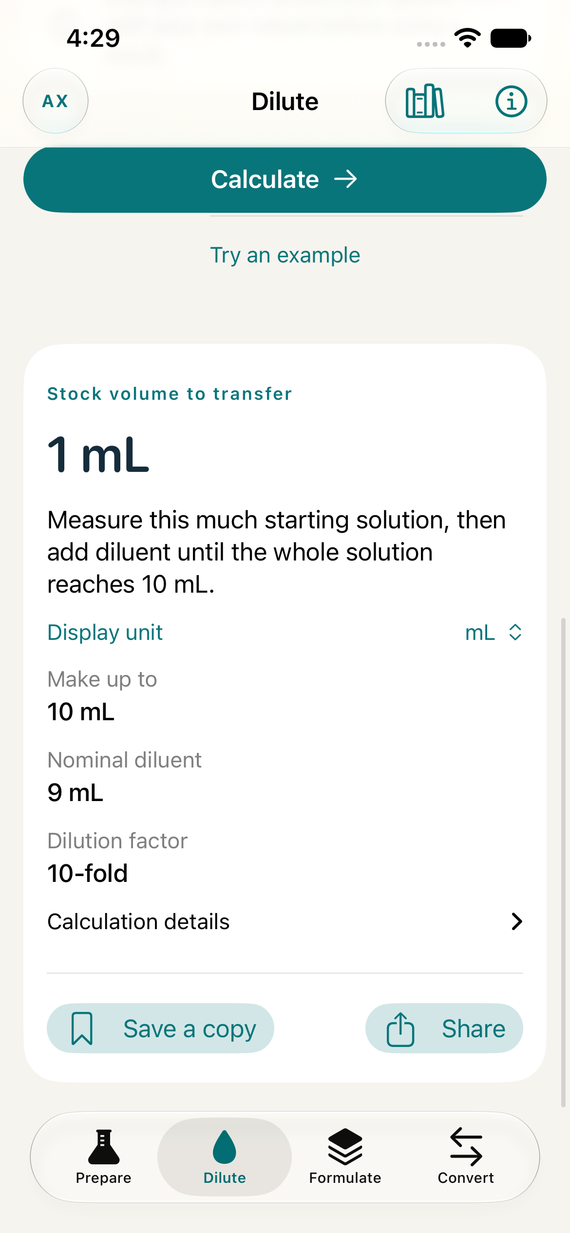 AxiPrep dilution result showing stock volume and nominal diluent