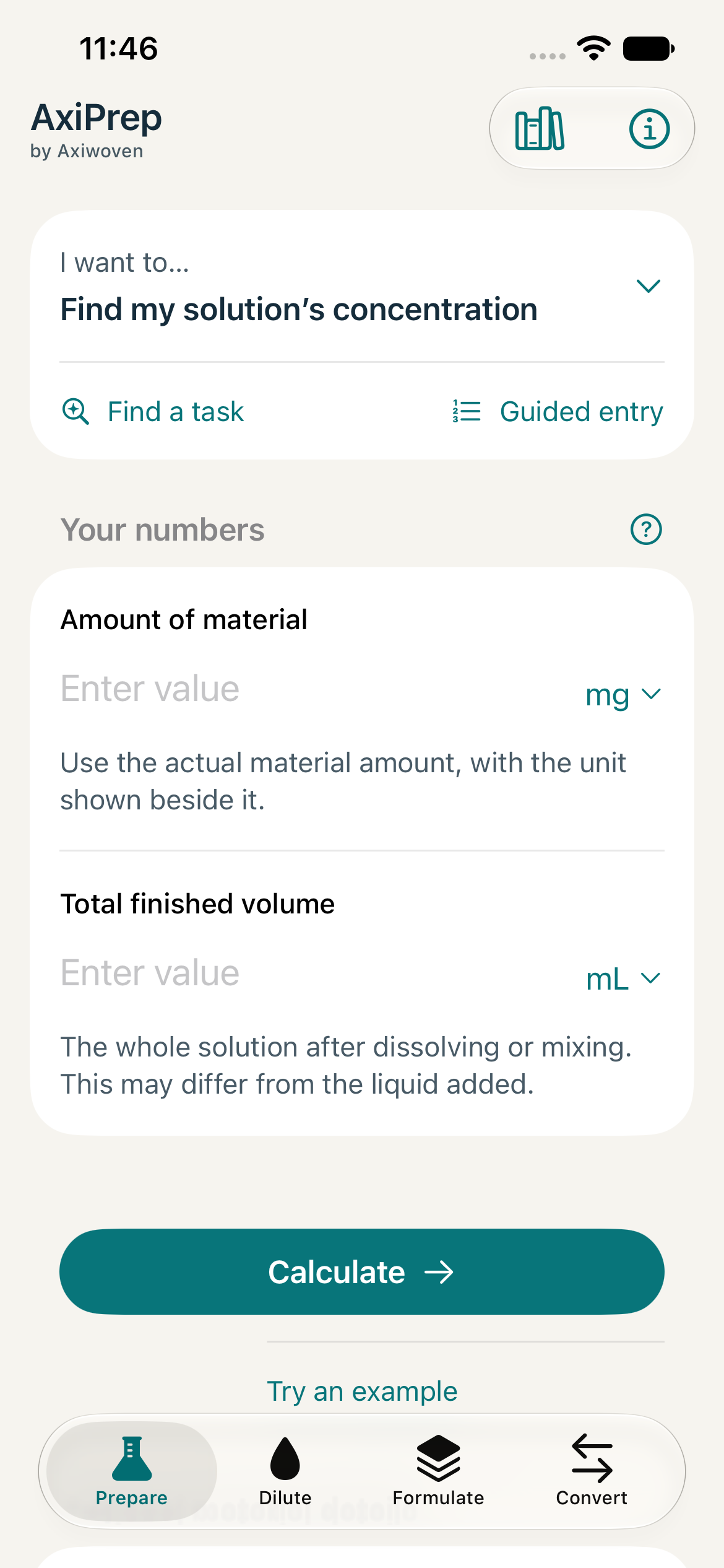 AxiPrep Prepare screen asking for material amount and total finished volume