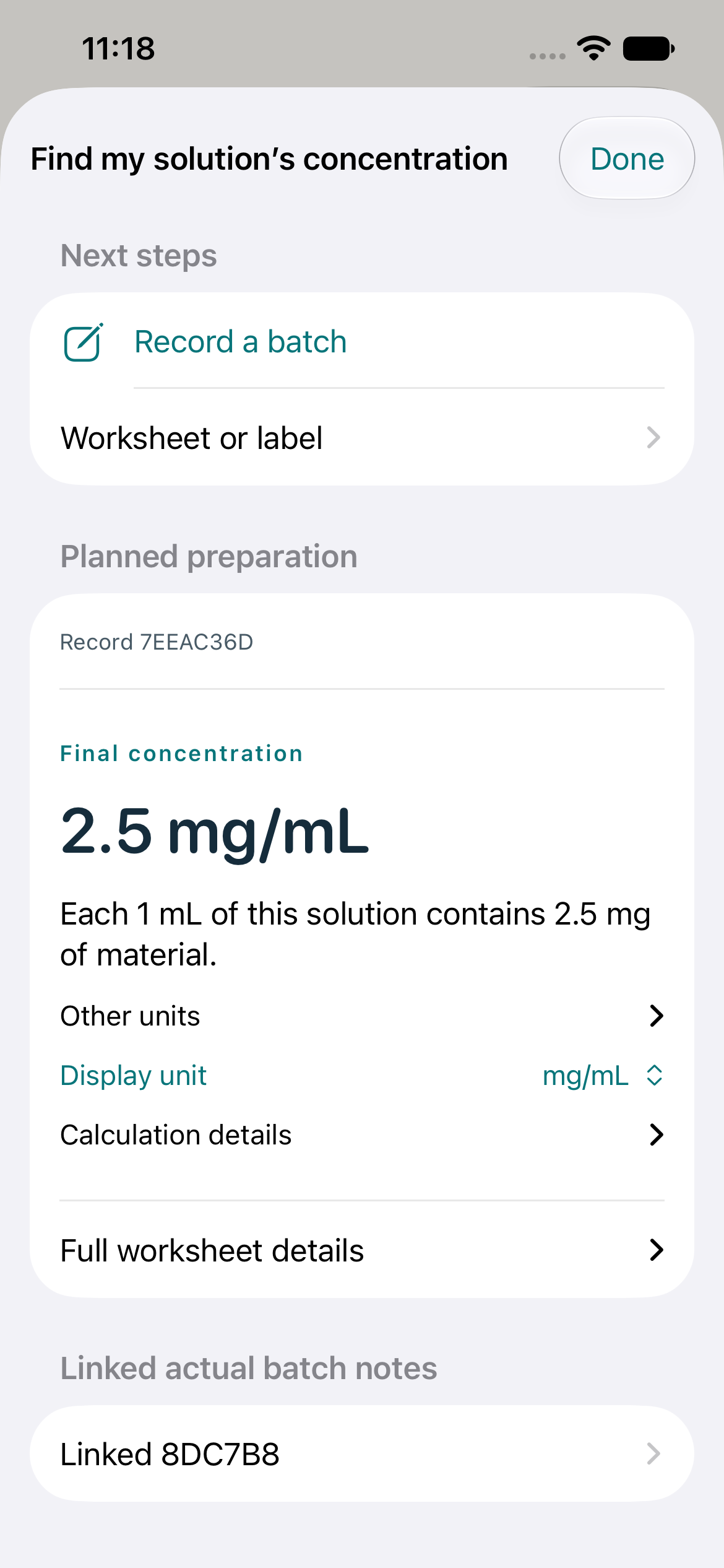 AxiPrep saved preparation with linked batch notes and worksheet action