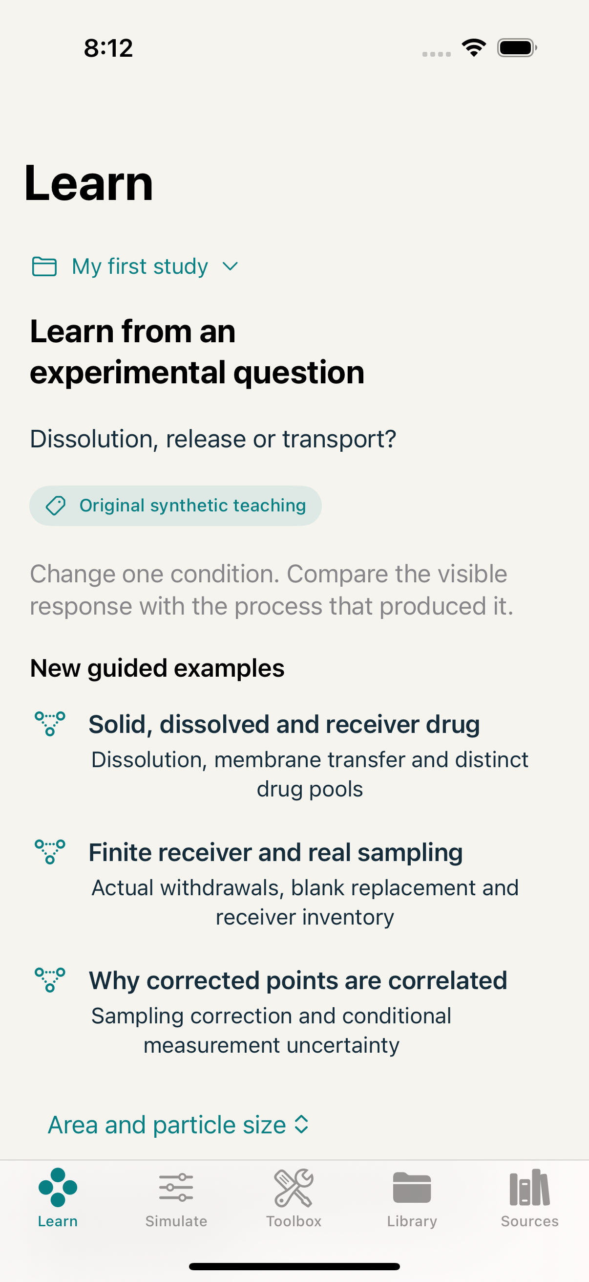 AxiRelease Learn screen with scientific learning examples